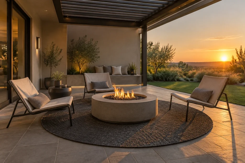 Monochrome minimalist rug defining a fire-pit seating cluster, Contemporary minimal Covered patio near a fire-pit interior