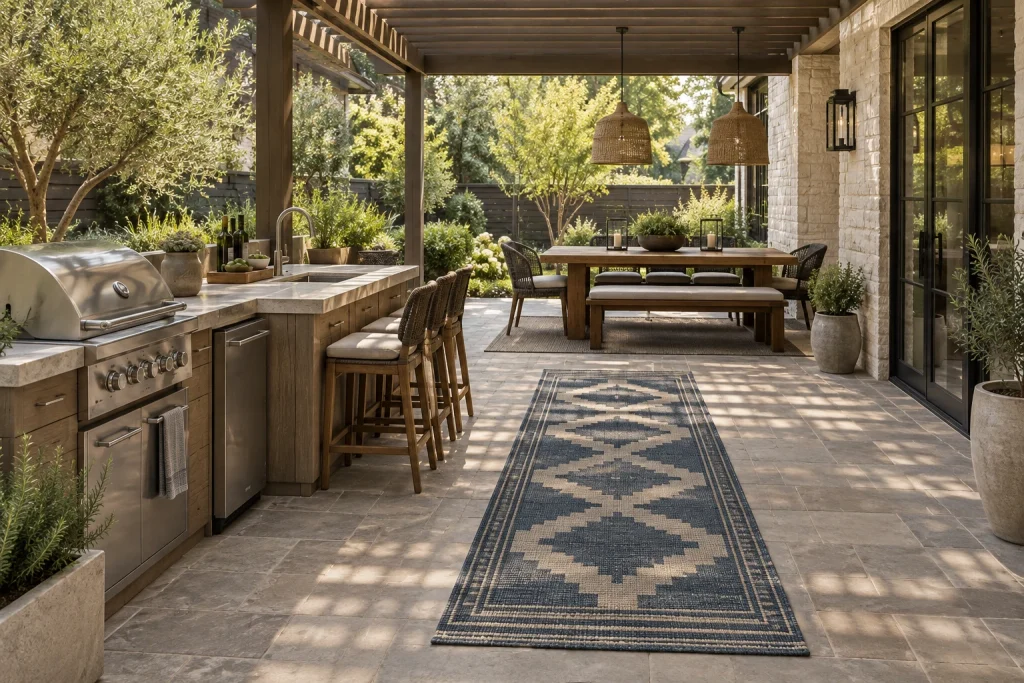 Pergola dining and walkway zoned by a geometric runner rug, Rustic modern Pergola-covered patio with outdoor kitchen and dining interior
