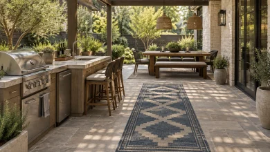 Pergola dining and walkway zoned by a geometric runner rug, Rustic modern Pergola-covered patio with outdoor kitchen and dining interior