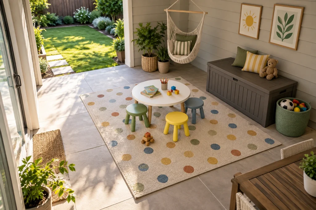 Family-friendly washable rug under a play nook on a covered patio, Casual family-friendly Covered patio converted to a kid play area in a small yard interior