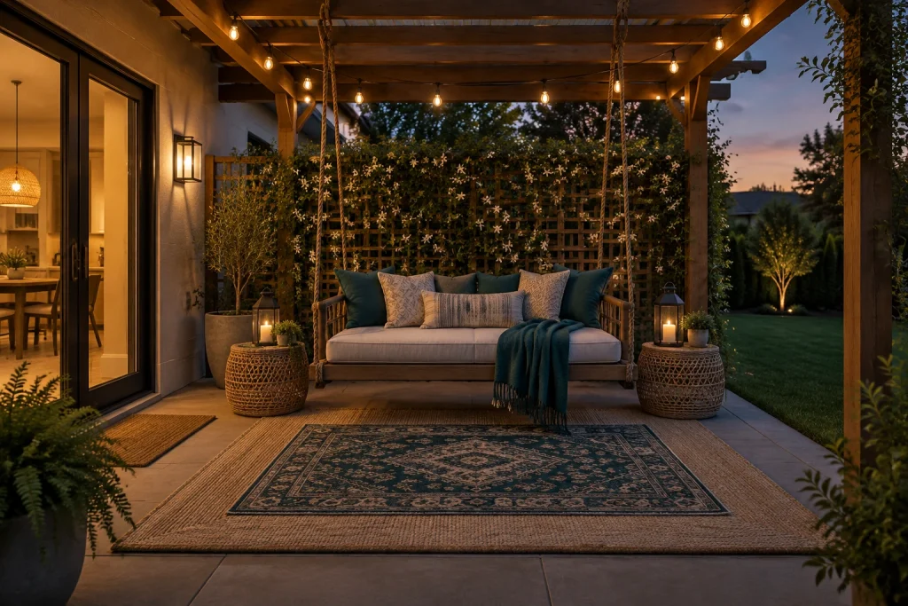 Boho-chic evening lounge with hanging daybed and layered rugs, Boho-chic / intimate evening Small yard under a covered pergola with privacy screen interior