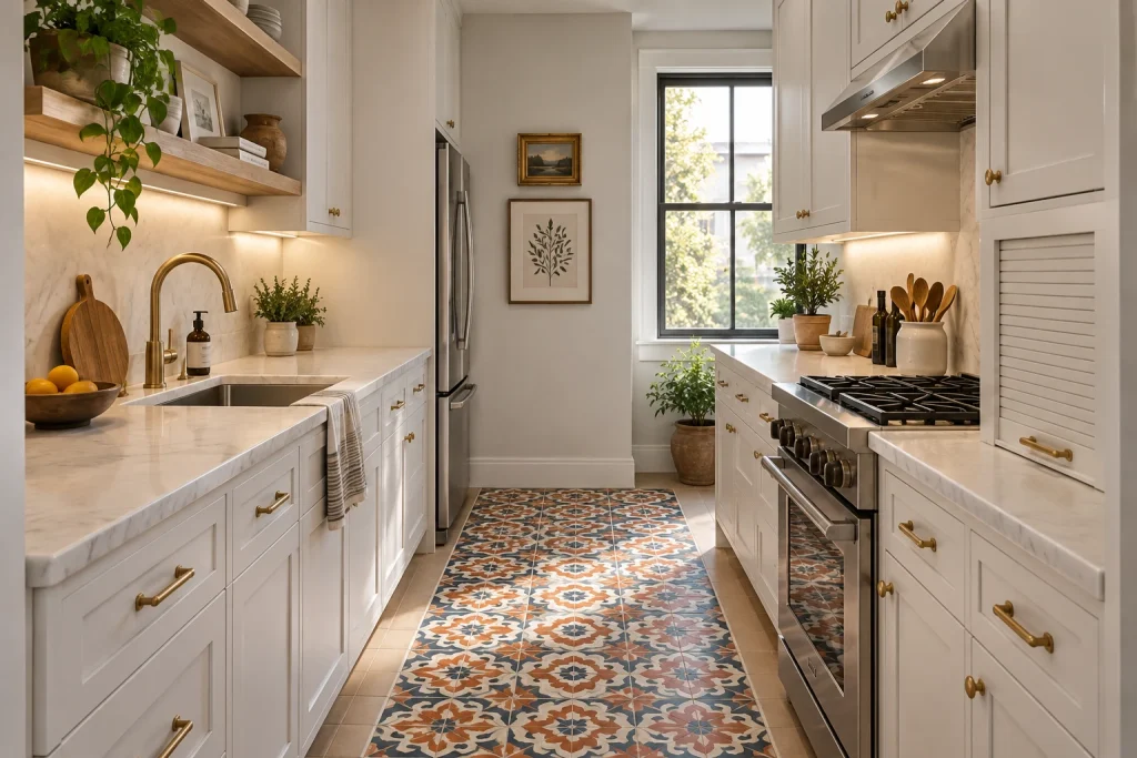 Encaustic-look tile as a central 'rug' in a narrow galley, Mediterranean modern Narrow galley kitchen interior