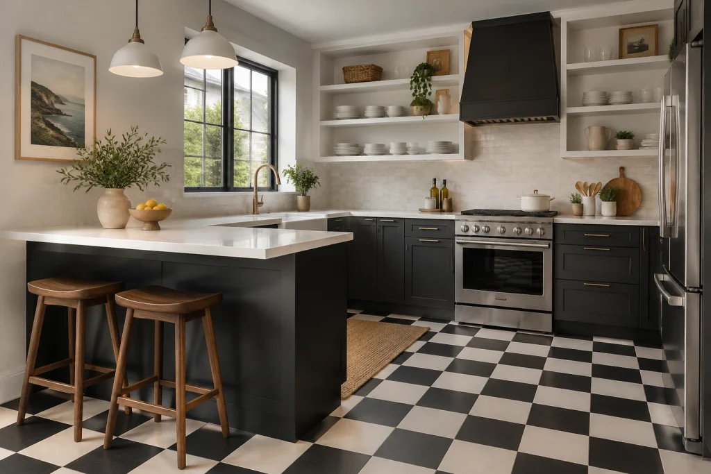 High-contrast checkerboard to visually widen an L-shaped kitchen with floating peninsula, Contemporary coastal Small L-shaped kitchen with peninsula interior