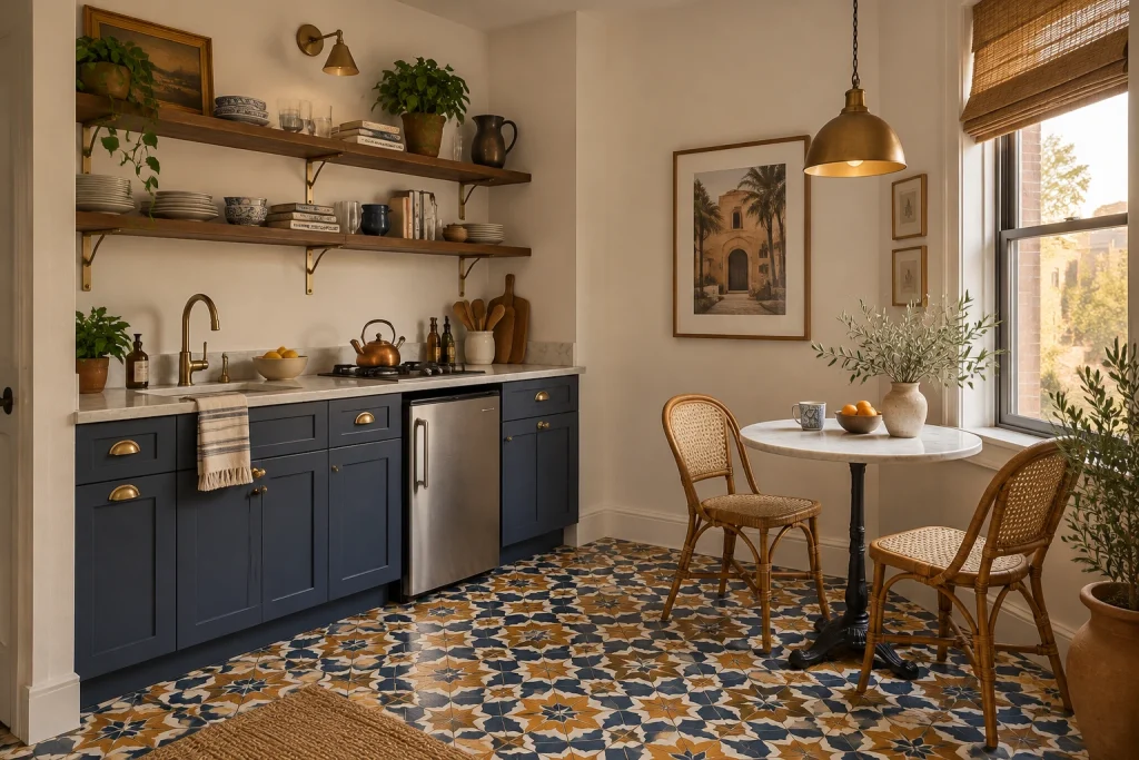 Bold Moroccan-style encaustic tiles anchoring a single-wall kitchenette with a bistro nook, Eclectic global Single-wall kitchenette in a small apartment interior