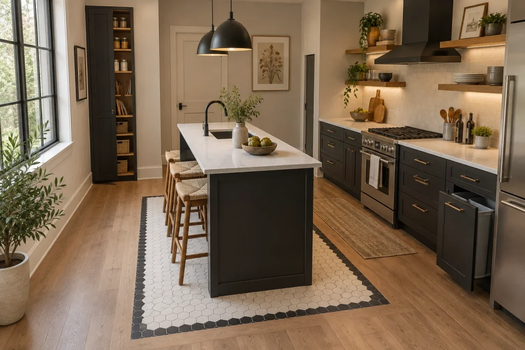 Hex tile 'island rug' creating a focal pattern under a slim prep island in a studio layout, Modern organic Studio kitchen with small island interior