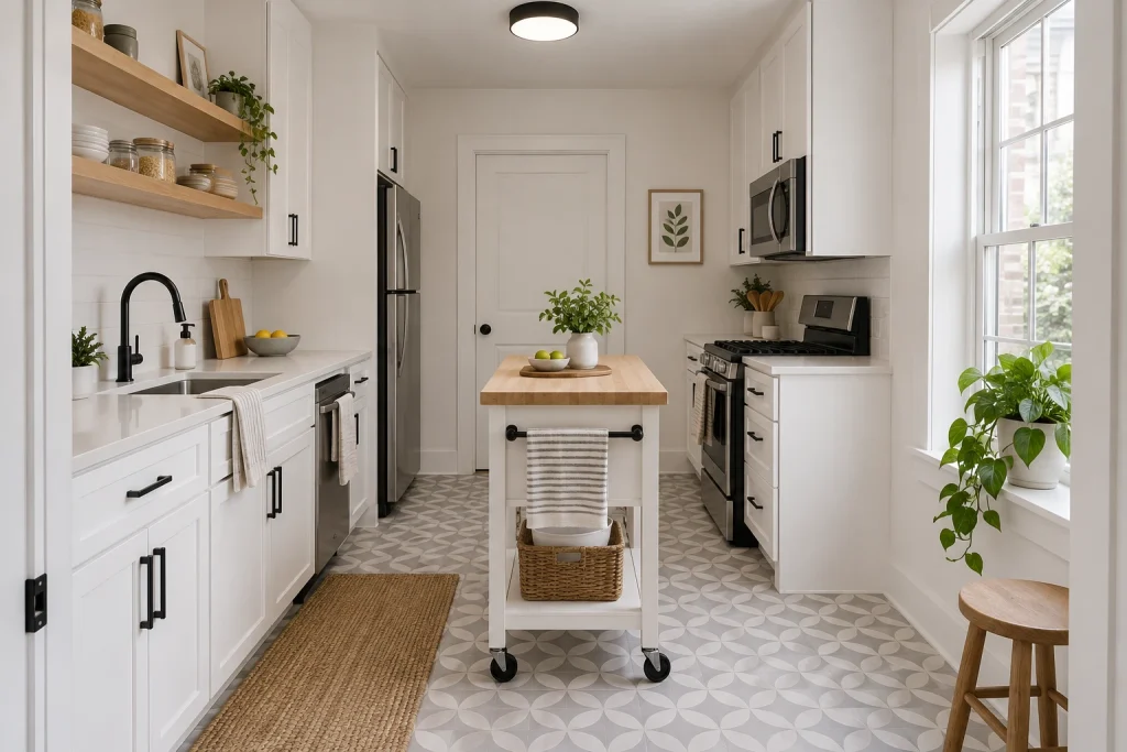 Budget-friendly peel-and-stick patterned tiles in a compact galley with portable island, Scandinavian budget Compact galley kitchen in a rental interior