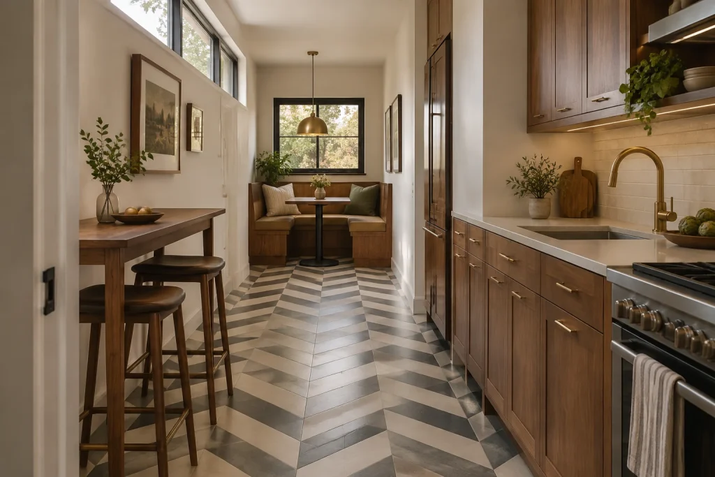 Diagonal chevron tiles that visually lengthen a tight corridor kitchen with a built-in banquette, Contemporary warm Corridor kitchen with banquette dining interior