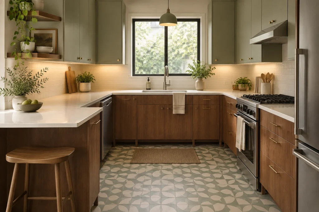 Muted geometric pattern for a U-shaped kitchen that feels calm and spacious, Midcentury-inspired minimal Small U-shaped kitchen interior