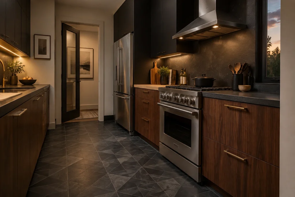 High-contrast dark slate pattern paired with warm wood cabinets for dramatic small galley, Modern industrial Small galley kitchen interior