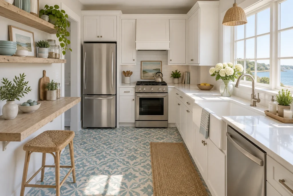 Soft pastel encaustic-inspired tile in a coastal micro-kitchen with farmhouse sink, Coastal cottage Micro kitchen in a small coastal condo interior