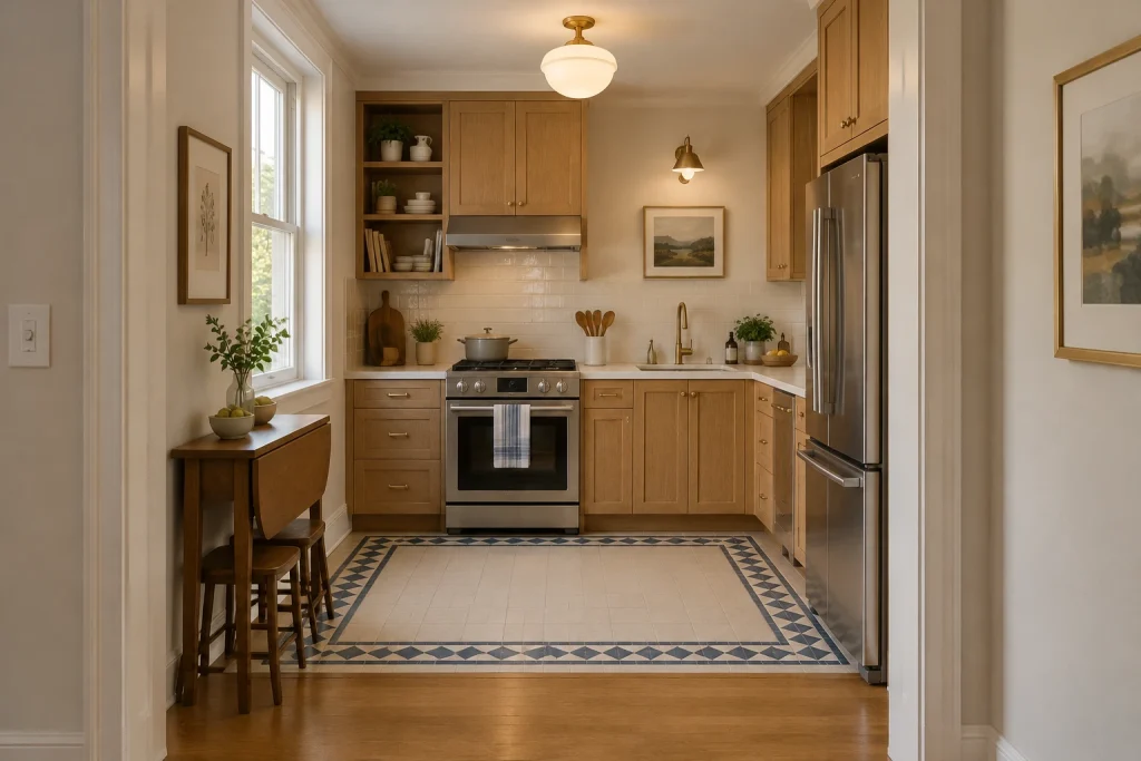 Framed patterned-tile threshold that defines the small kitchen within an open-plan apartment, Transitional urban Open-plan kitchenette adjacent to a hallway interior