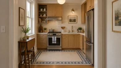 Framed patterned-tile threshold that defines the small kitchen within an open-plan apartment, Transitional urban Open-plan kitchenette adjacent to a hallway interior
