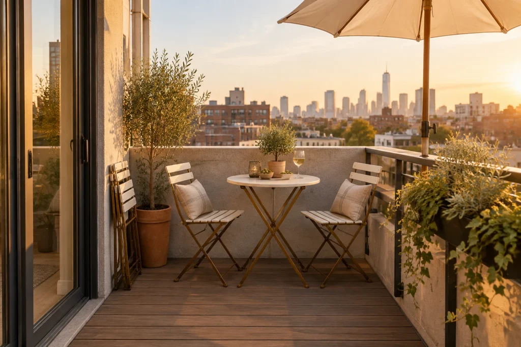 Renter-Friendly Bistro Balcony, Casual European bistro small rooftop balcony interior