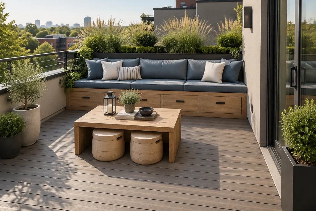 Built-In Banquette with Storage, Modern organic with natural wood small rooftop deck interior