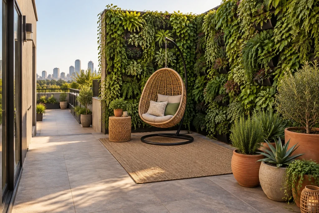 Vertical Garden Oasis, Bohemian green retreat small rooftop terrace corner interior