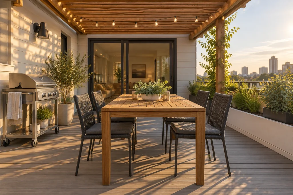 Pergola Dining for Four, Urban contemporary alfresco dining small rooftop with partial shade structure interior