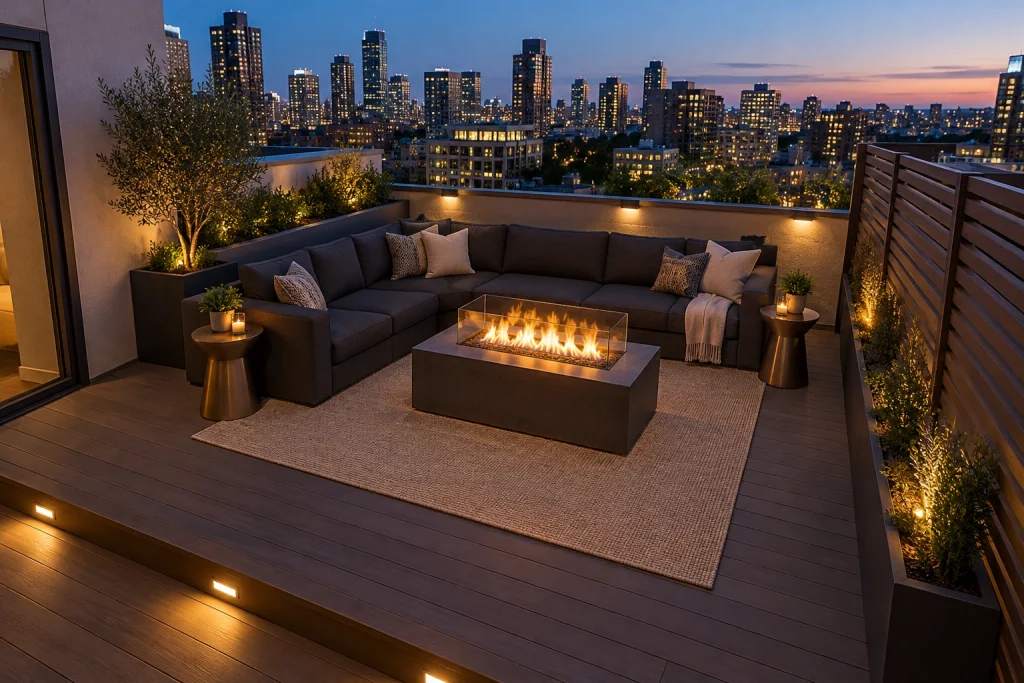 Modular Lounge with Fire Table, Modern luxe modular seating compact rooftop lounge interior