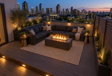 Modular Lounge with Fire Table, Modern luxe modular seating compact rooftop lounge interior