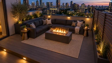 Modular Lounge with Fire Table, Modern luxe modular seating compact rooftop lounge interior