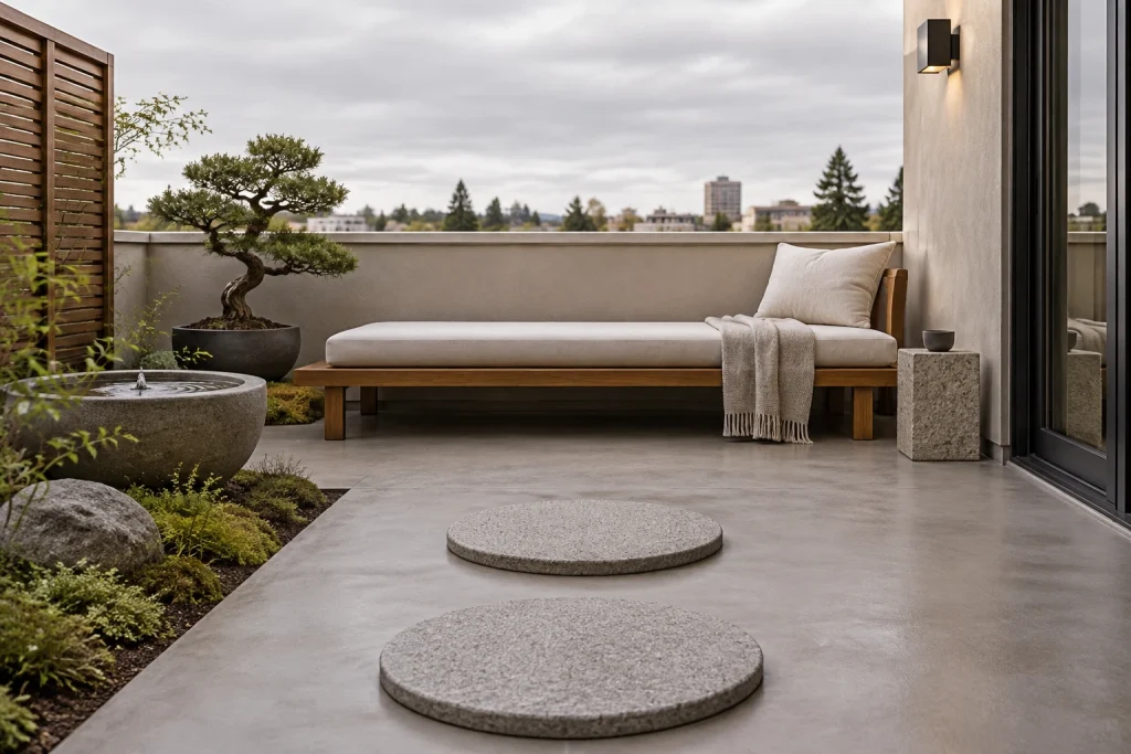 Minimal Japandi Zen Terrace, Japandi minimalist small tranquil rooftop interior