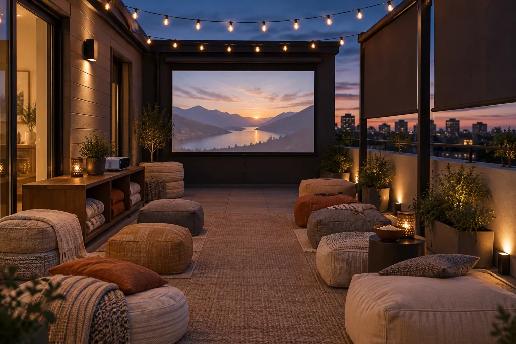 Convertible Movie Night Terrace, Casual entertainer with flexible storage narrow rooftop terrace optimized for evening entertainment interior