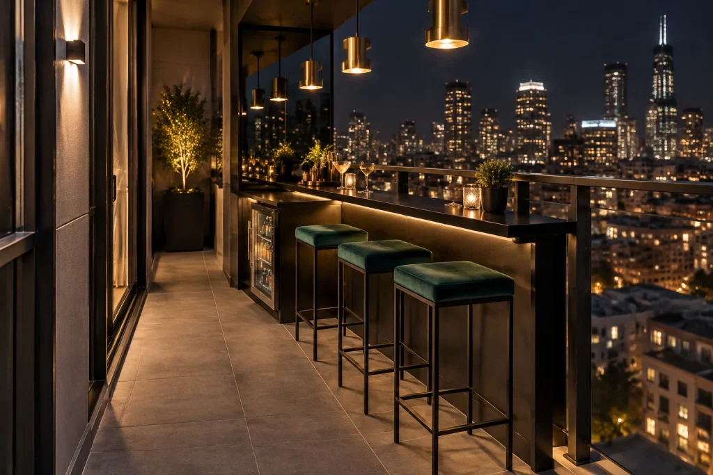 Nighttime Cocktail Counter, Chic urban bar narrow rooftop railing bar interior