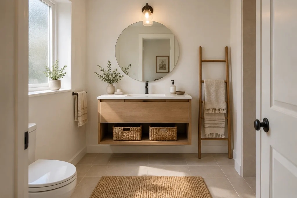 Floating oak vanity with open shelf and woven-basket storage, Modern organic small-bathroom interior
