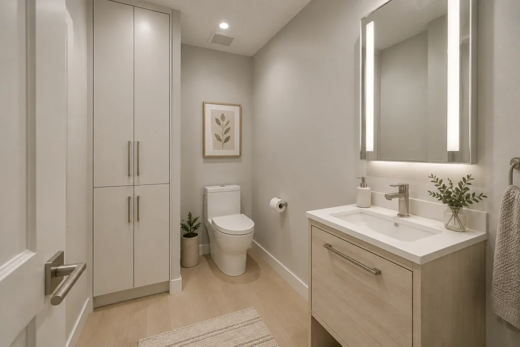 Tall narrow vanity with mirrored medicine cabinet and vertical storage tower, Minimal Scandinavian small-bathroom / powder room interior