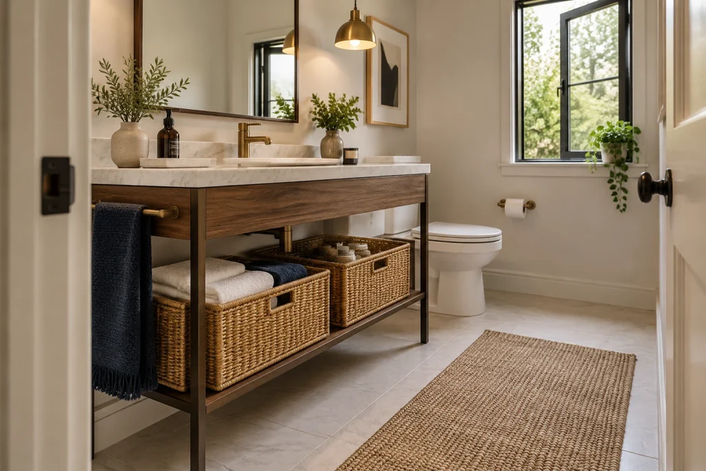Marble-topped console vanity with under-shelf pull-out baskets and open metal frame, Mid-century modern small-bathroom interior