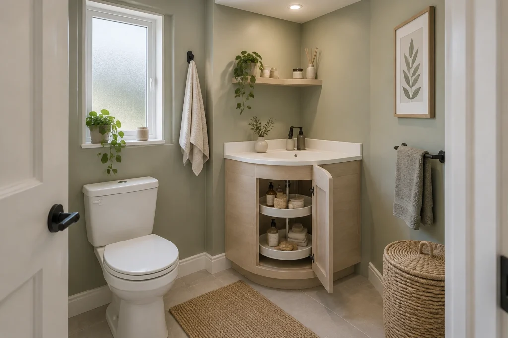 Corner curved vanity with rotating carousel storage for an awkward footprint, Scandinavian compact small-bathroom with angled corner walls interior