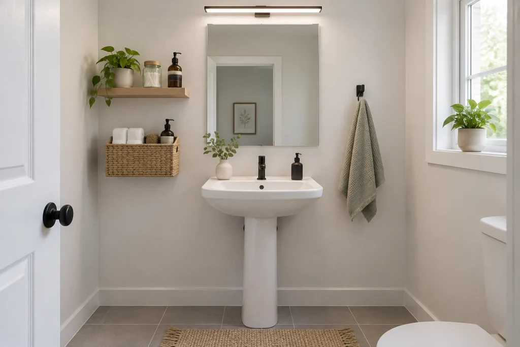 Renter-friendly pedestal sink paired with adhesive wall storage and floating mirror, Budget-friendly / renter-conscious small-bathroom / rental-friendly interior