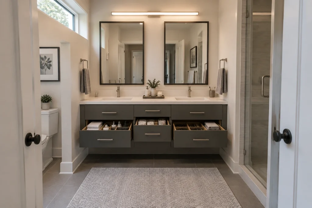 Shallow double vanity with divided drawers for shared small-bath storage, Modern transitional small shared-bathroom interior