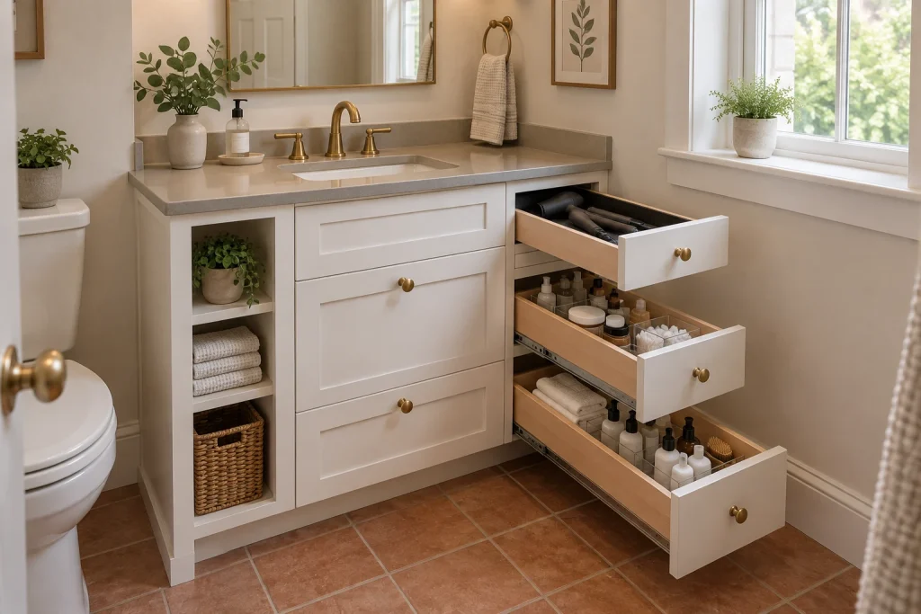 Shaker vanity with full-extension under-sink pull-outs and built-in hair tool drawer, Modern farmhouse small-bathroom interior