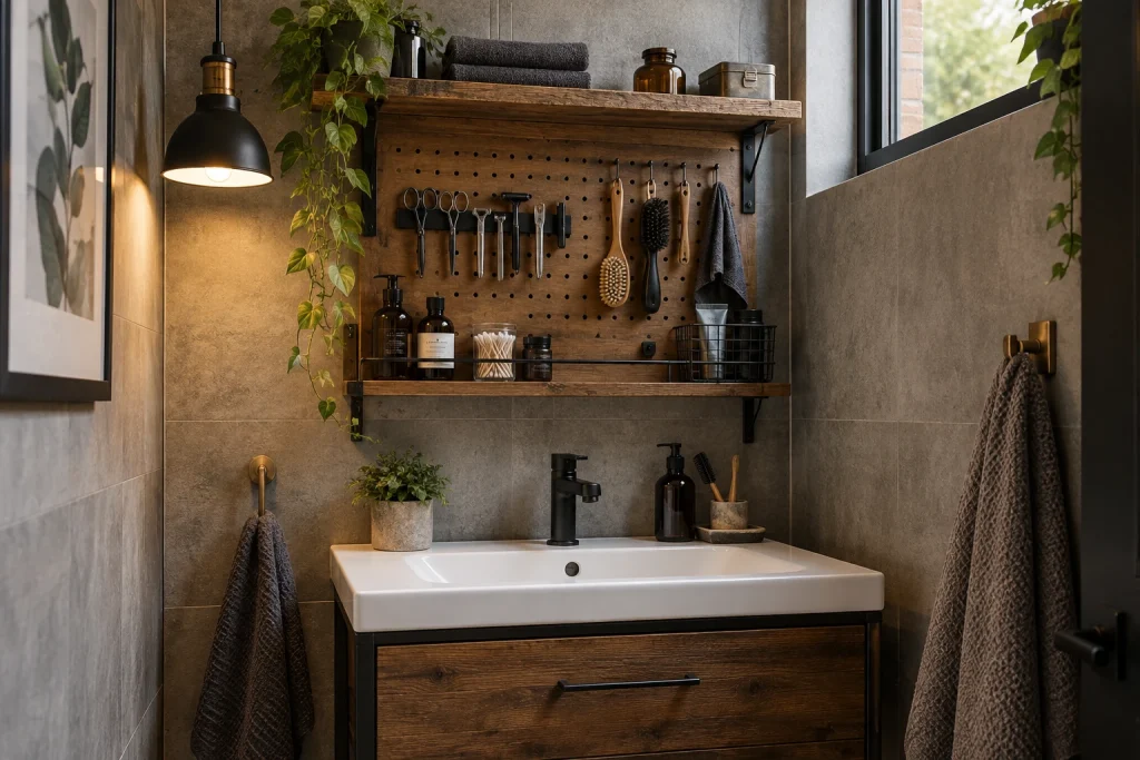 Industrial-style open shelving above a compact vanity using pegboard and magnetic tool strips, Industrial eclectic small-bathroom interior