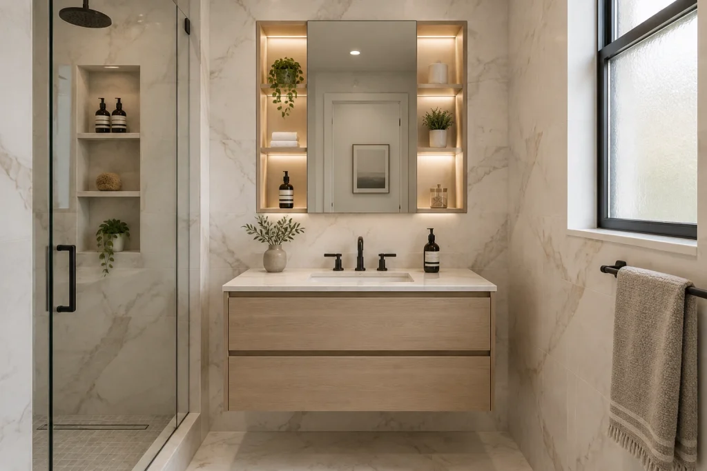 Recessed medicine cabinet and niche-integrated storage in a tiled compact bath for a higher-end small remodel, Contemporary luxe small-bathroom interior
