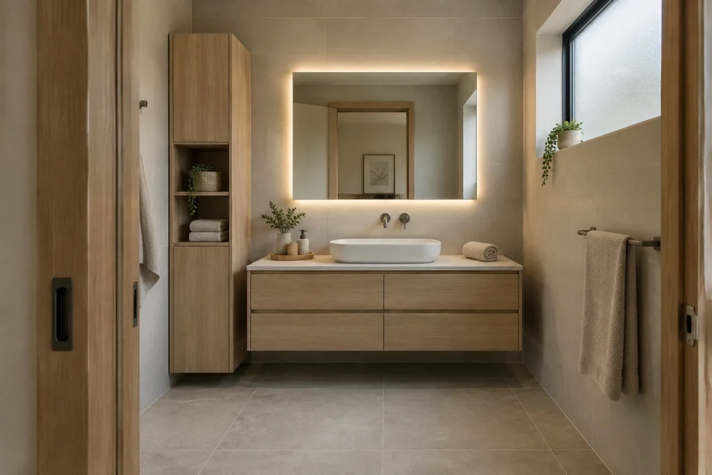 Japandi minimal wet-room vanity with sliding door and slim vertical linen cabinet, Japandi (Japanese + Scandinavian) small-bathroom with sliding door to maximize clearance interior