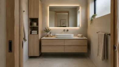 Japandi minimal wet-room vanity with sliding door and slim vertical linen cabinet, Japandi (Japanese + Scandinavian) small-bathroom with sliding door to maximize clearance interior