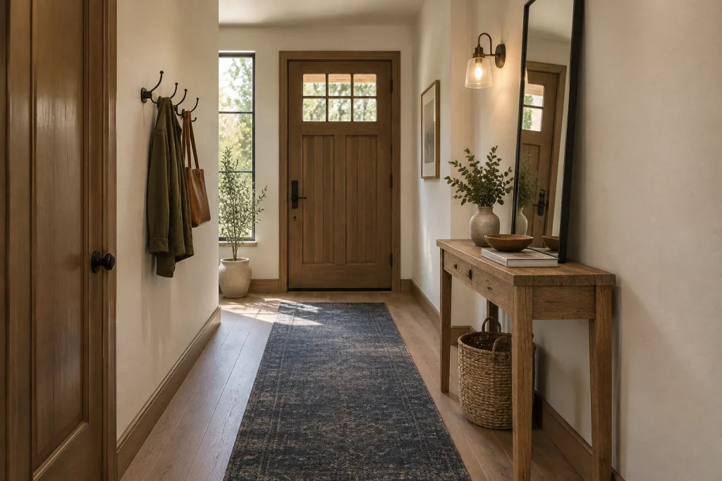 Narrow Hall Runner with Slim Console and Tall Mirror, Modern Farmhouse Narrow entry corridor interior