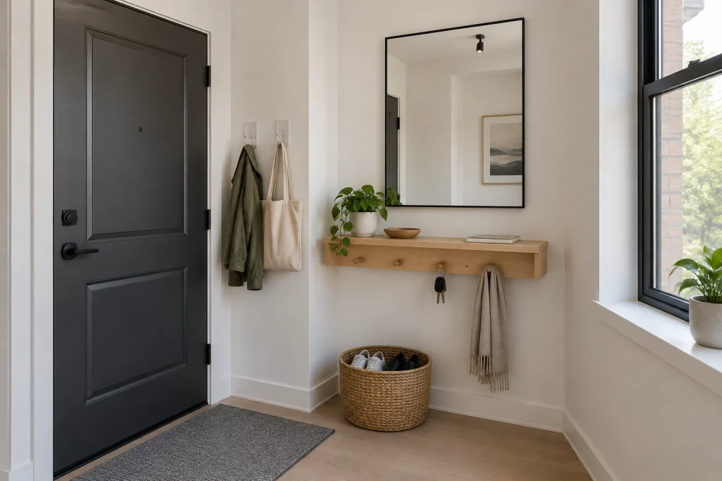 Floating Shelf, Peg Rail and Removable Hooks for Renters, Scandinavian Minimal Small apartment entry niche interior