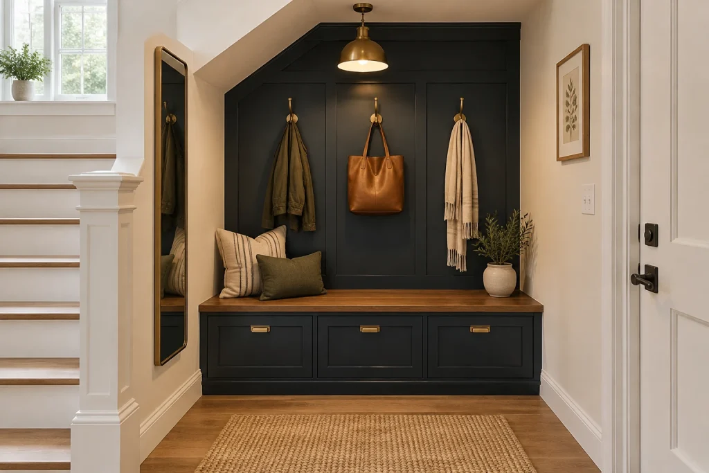 Under-Stair Mudroom Alcove with Built-in Bench and Cubbies, Modern Craftsman Under-stair entry alcove interior