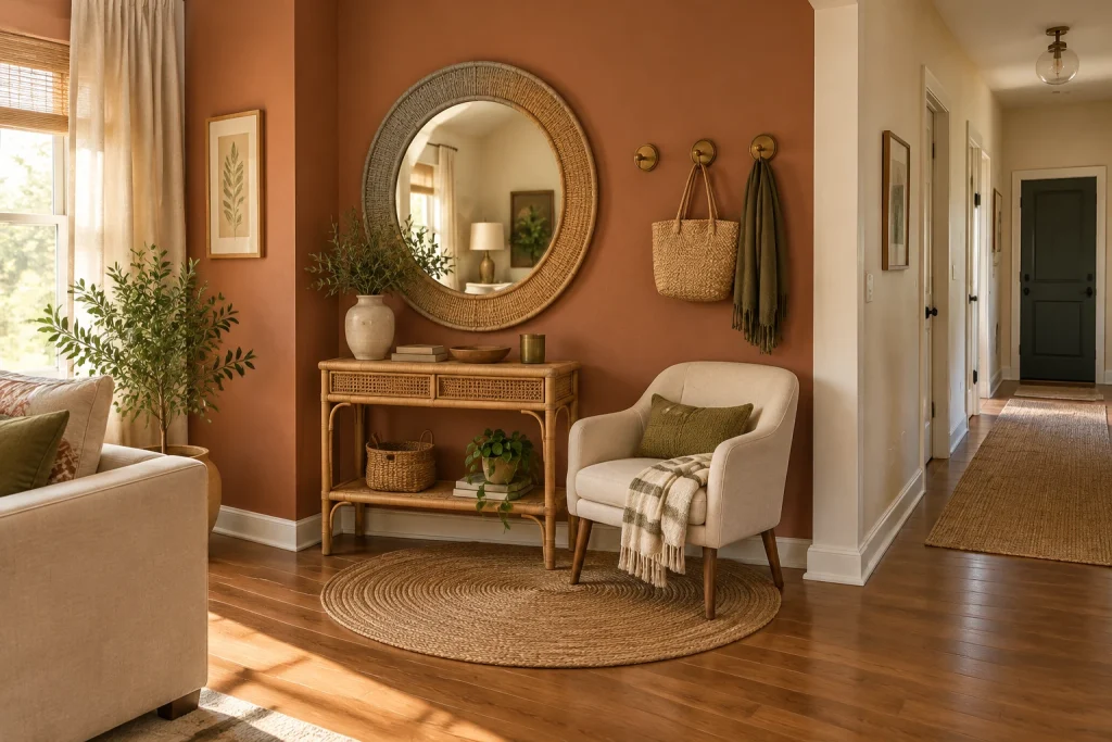 Curated Corner Entry with Round Mirror and Accent Chair, Boho Eclectic Corner foyer off living room interior