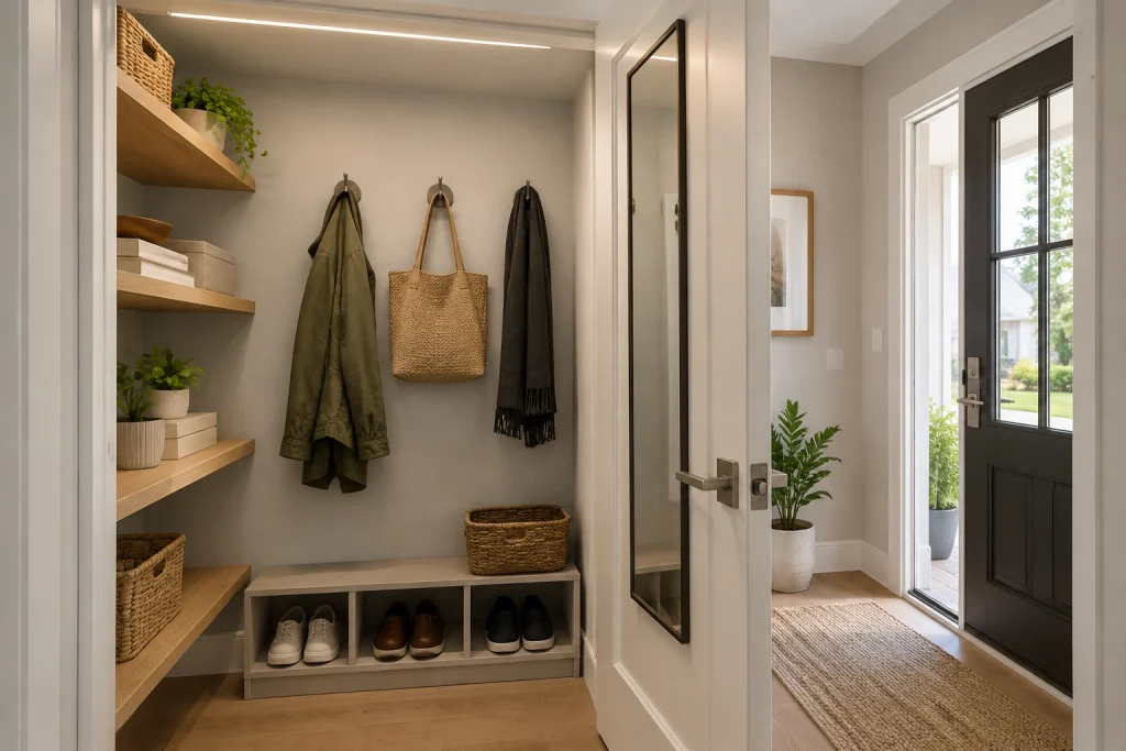 Shallow Coat Closet Optimized with Adjustable Shelves and Mirror, Budget-Smart Organized Shallow entry closet next to front door interior
