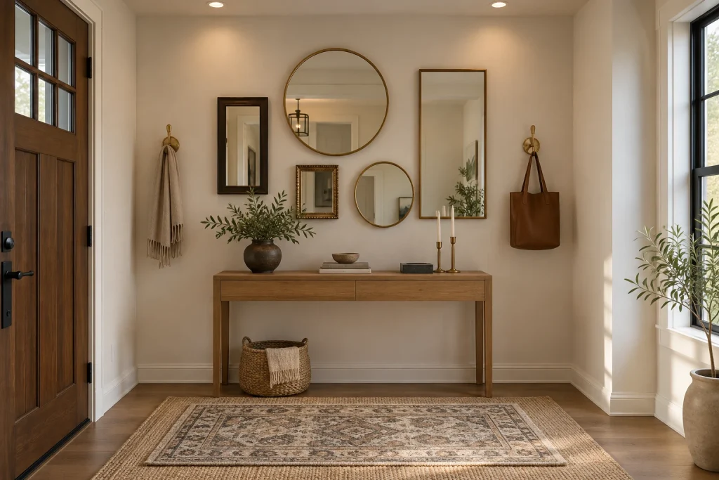 Gallery Mirror Wall Above Narrow Console with Layered Rugs, Contemporary Curated Small foyer with a straight exterior wall interior