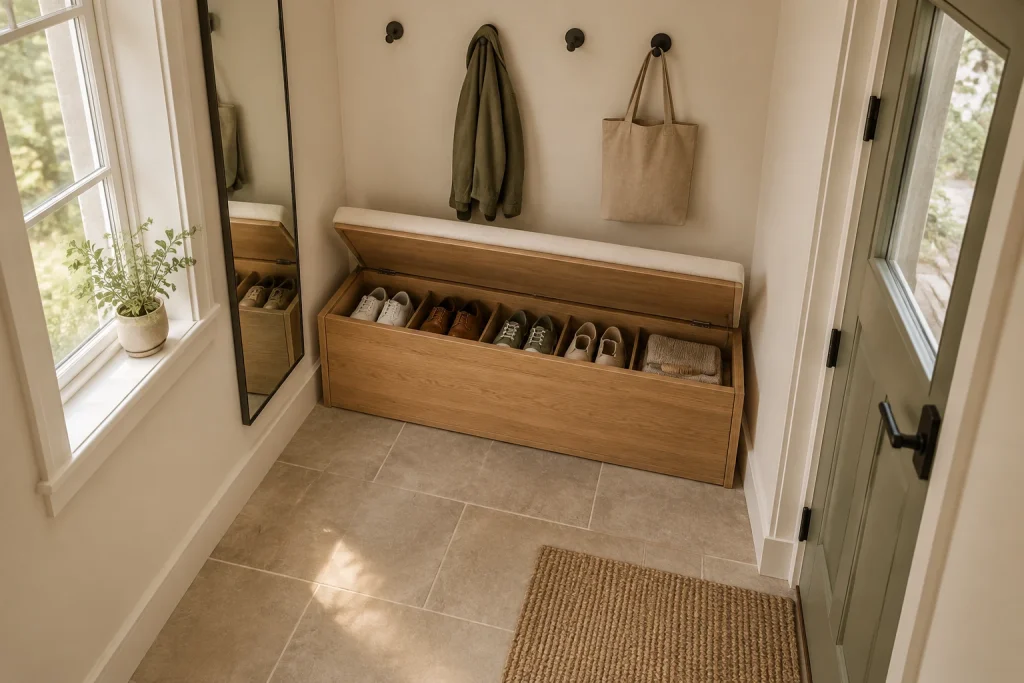 Hidden Shoe Storage Bench with Upholstered Cushion — Japandi Calm, Japandi Compact entry alcove interior