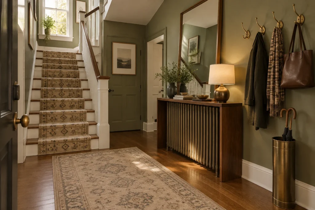 Stair Landing Drop Zone with Radiator Console and Leaning Mirror, Vintage Modern Entry at base of stair landing interior
