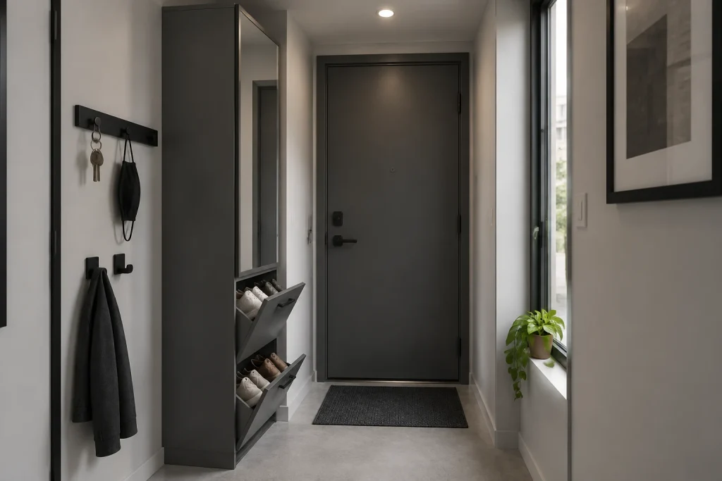 Slim Vertical Storage Tower with Tilt-Out Shoe Drawers and Mirror Door, Minimalist Urban Very small entry corridor (studio apartment) interior