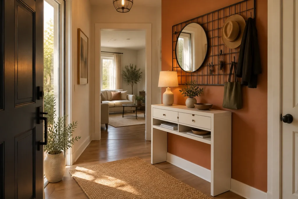Drop Zone Console with Mail Organizer and Integrated Hook Grid, Transitional Practical Shallow foyer near front door interior