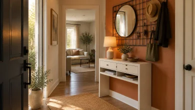 Drop Zone Console with Mail Organizer and Integrated Hook Grid, Transitional Practical Shallow foyer near front door interior