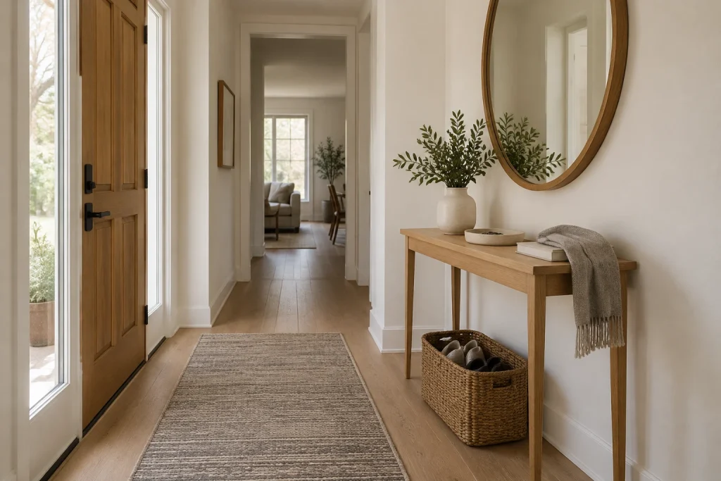 Slim Oak Console with Woven Shoe Basket, Scandinavian-minimal narrow front entry / foyer interior
