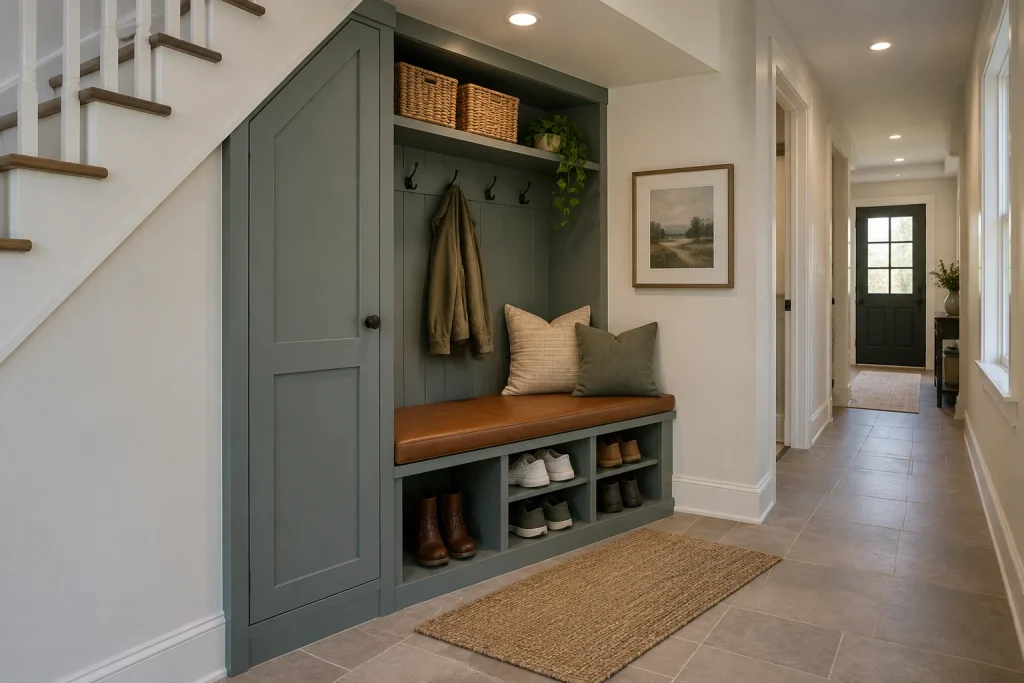 Under-Stair Built-In Shoe Cubby & Bench, transitional built-in under-stair entry alcove interior
